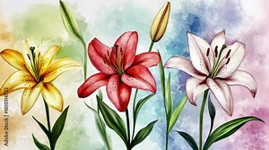 A watercolor painting depicts four lilies in full bloom against a colorful background