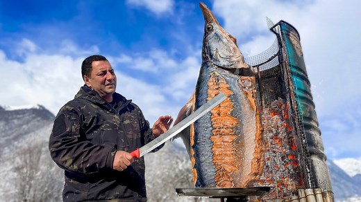 How a giant sturgeon is grilled in a harsh Azerbaijani winter