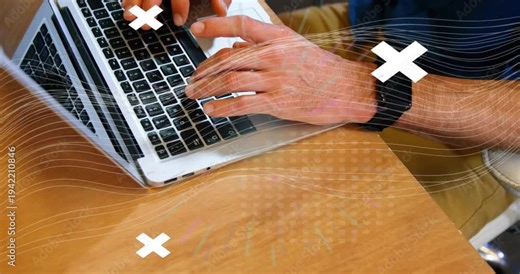 Man placing fingers then typing on laptop, with wavy overlays highlighting keystrokes for business