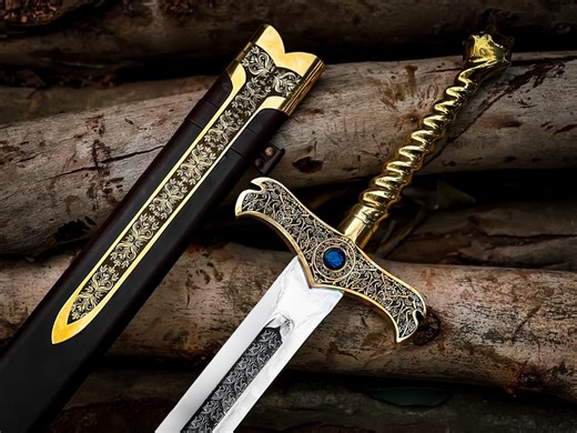 Merlin Sword Rise of the Merlin Inspired Medieval Kings Longsword With Engraved Steel Blade Ornate Gold Scabbard,christmas Gift,gift for Him - Etsy