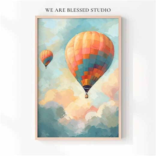 Printable Hot Air Balloons in Sky - Pastel Watercolor Art, Romantic Vintage Travel Decor, Cozy Nursery Wall Art, Digital Download - Etsy