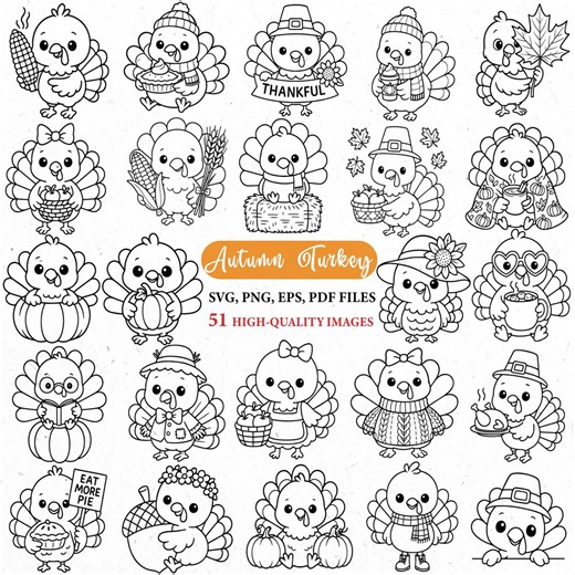 Cute Turkey Svg, Autumn Svg, Thanksgiving PNG Clipart, Fall Turkey Svg, Kawaii Animals, Farm Animals Png, Svg Cricut, Svg Bundle - Etsy