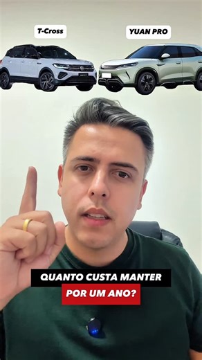 Matheus Neves | Vistoria de carro on Instagram: "🚗💰 Quanto cusa um carro em 1 ano? Comparei VW T‑Cross Highline 250 TSI x BYD Yuan Pro GS 📆 Período analisado: 1 ano 💸 IPVA (1 ano) • T-Cross: R$ 6.189,00 • Yuan Pro: R$ 6.169,00 🔧 Manutenção (1ª revisão em concessionária) • T-Cross: R$ 743,00 • Yuan Pro: R$ 390,00 ⛽ 🔌 Consumo (média urbana Inmetro | 15.000 km | Gasolina a R$ 6,00 / Energia a 0,90/kWh) • T-Cross - R$ 7.692,31 (11,7 km/l) • Yuan Pro - R$ 2.435,40 (18,04 kWh/100 km) 📉 Desvalor