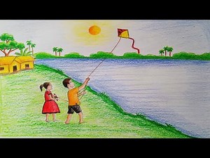 How to draw scenery of Kite flying Step by step (very easy) || Art video