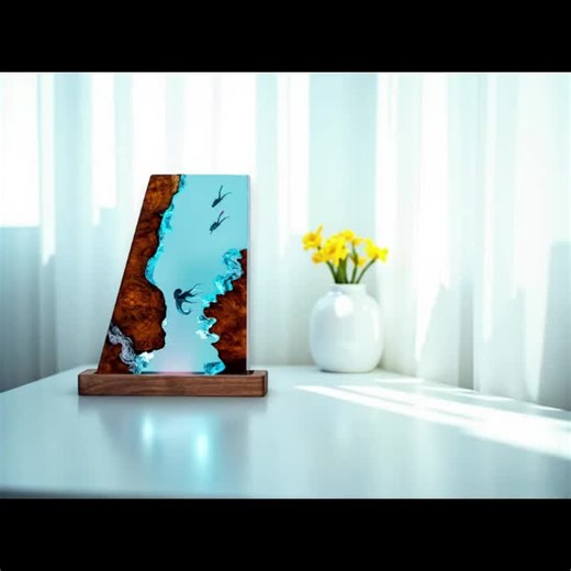 Diver and Octopus Ocean Resin Lamp – Handmade Wood & Epoxy Art Night Light, Underwater Diorama Desk Lamp, Unique Gift, Gift for Him - Etsy