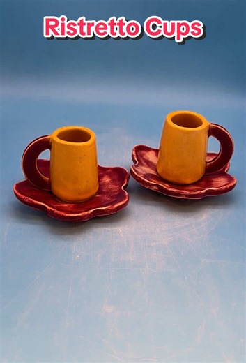 Pottery / Ceramics: glazing these hand-built Ristretto cups using a sunny Yellow and burgundy glazes. And, they’re proof that my crack repair formula wortjs for better attachments too! #craft #ceramics #pottery #pottertok #glazing