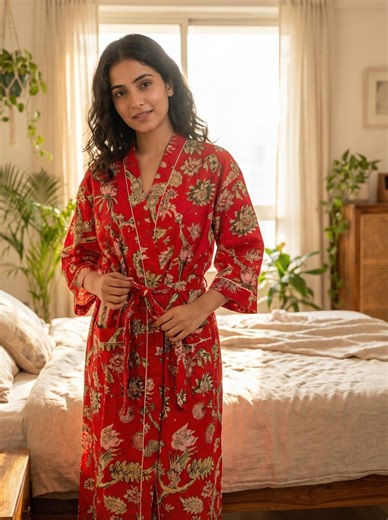 Plus Size Red Cotton Kimono Robe for Women, Floral Hand Block Print Bathrobe, Lightweight Lounge Wear Dressing Gown Gift - Etsy