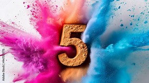 Colorful powder explosion revealing the number five during a creative display