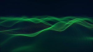 Looped background with green particle waves smoothly floating on a dark blue background with soft glow effect. Elegant waveform animation for technology and computer science. Seamless vj loop 4k 60fps