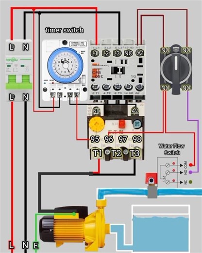 Timer Switch + Water Flow Switch Automatic Motor Pump Wiring | Complete Electrical Control Diagram
