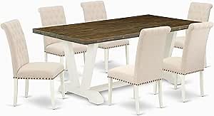 East West Furniture V077BR202-7 7 Piece Kitchen Table Set Consist of a Rectangle Dining Table with V-Legs and 6 Light Beige Linen Fabric Parsons Dining Chairs, 40x72 Inch, Multi-Color