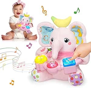 Baby Bilingual Musical Elephant Stuffed Animals Toys,Infant Early Learning Toy with Light-Up Music & Crinkle,Tummy Time Toys for 0 3 6 9 12+ Months for Baby Boy Girl Gift,Pink