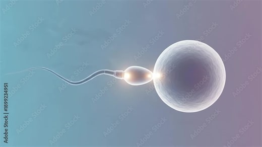 Sperm cell approaching and fertilizing egg cell through three stages. Human fertilization concept and reproduction process.