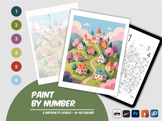 Whimsical Fantasy Village Castle Color by Number Printable, Digital Download Painting by Number, Adult Coloring Page