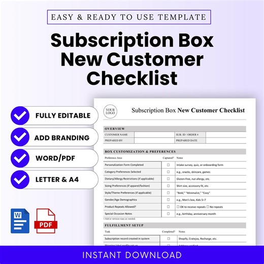 Subscription Box New Customer Checklist Template – Word & PDF, A4   US Letter - Etsy