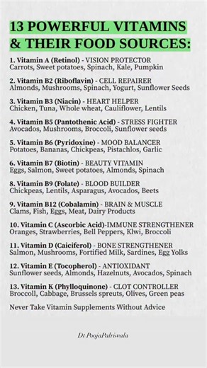 Pooja Palriwala on Instagram: "13 POWERFUL VITAMINS & THEIR FOOD SOURCES 🍎💪 1. Vitamin A (Retinol) – VISION PROTECTOR Carrots, Sweet potatoes, Spinach, Kale, Pumpkin 2. Vitamin B2 (Riboflavin) – CELL REPAIRER Almonds, Mushrooms, Spinach, Yogurt, Sunflower seeds 3. Vitamin B3 (Niacin) – HEART HELPER Chicken, Tuna, Whole wheat, Cauliflower, Lentils 4. Vitamin B5 (Pantothenic Acid) – STRESS FIGHTER Avocados, Mushrooms, Broccoli, Sunflower seeds 5. Vitamin B6 (Pyridoxine) – MOOD BALANCER Potatoes,