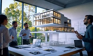 An architect presenting a 3D model of a futuristic building design in a modern office