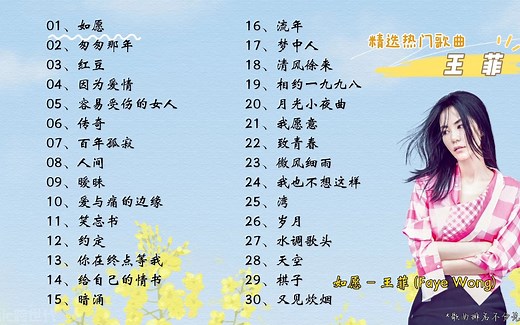 【王菲】精选王菲30首热门好听的歌曲，有歌词！