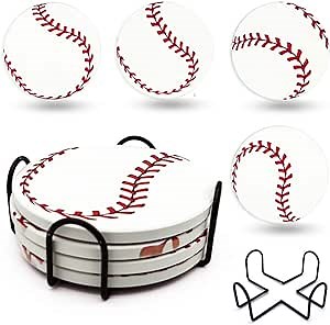 Drink Coasters with Holder Set of 4, Ceramic Absorbent Cup Coasters Baseball Stone Coasters with Cork Bottom Outdoor Coasters for Coffee Wooden Patio Table