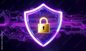 A purple shield with a golden lock on it. The shield is a symbol of protection and security