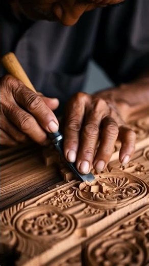 a master woodcarver crafting an intricate wooden artwork in a workshop. #woodscraft #woodworking
