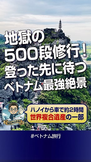 ねもぱい✈️ #関西発インスタ旅芸人 on Instagram: "【保存版】地獄の500段!? ベトナム最強の絶景スポット🇻🇳 正直、ナメてました。 動画見てくれたらわかると思うけど… 「階段500段」って文字で見ると ふーん😏って感じやけど、 実際登ると「ビル25階分」やで！？🏢 しかもベトナムの湿気と暑さ！ 途中から完全に 「観光」じゃなくて「修行」でした😇 でもな…… ひーひー言いながら登り切った先には 「陸のハロン湾」と呼ばれるタムコックの 絶景とどこまでも続く田園風景✨ . 頂上の「龍の石像」は めちゃくちゃ映えるけど、足場が悪すぎて 落ちたら人生終了のスリル満点仕様🐉（笑） ※マジで手すりもないから気をつけて！ ほんで何より最高なんが… 下山後のビール！！🍺 全身汗だくになった後のハイネケン、 あれはもはや「点滴」でしたね💉 間違いなくここ数年で一番美味い 悪魔的な美味しさのビールでした🏆 体力に自信ある人は、 ぜひこの「天国と地獄」を味わってみて！ ━━📝 ハンムア攻略メモ📝━━ 📍場所：ハンムア（Hang Mua / Mua Caves） ハ