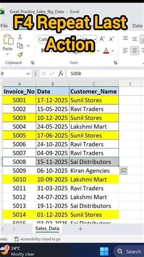 Excel Secret Shortcut F4 – Last Action Ni Oka Click Tho Repeat Cheyadam #excel #telugu