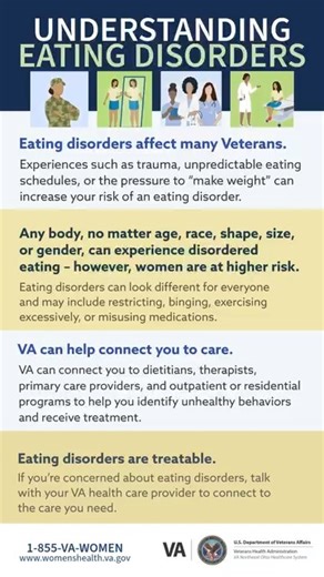 Your VA primary care or mental health clinician can guide you to the best resources, including VA outpatient treatment or higher levels of care. #eatingdisorders #women #veterans #mentalhealth #eating #nutrition #dietitian #food | Cleveland VA Medical Center | Facebook
