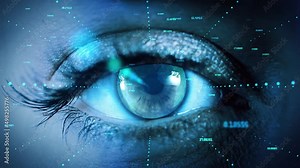 4k Biometric Facial Recognition Face Detection Face Match Cinematic macro of programer eye. Face Id. Authentication Granted Concept. Future security user information protection. Digital technology.