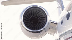 Closeup high detailed view turbo engine rotation of airplane at airport