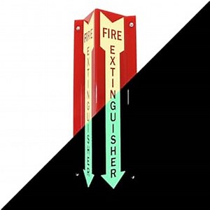 SmartSign "Fire Extinguisher" Two-Sided V-Shaped Projecting Sign with Down Arrow, 18 x 4 inch, 120 mil Thick Glow-In-The-Dark Polished Acrylic, Photoluminescent