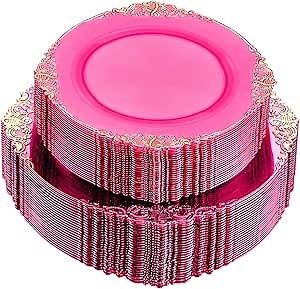 102PCS Clear Hot Pink Plastic Plates - Pink Disposable Plate with Gold Rim - Hot Pink Party Plates Include 51PCS 7.5inch Dessert & 10.25inch Dinner Plate for Wedding Birthday Party