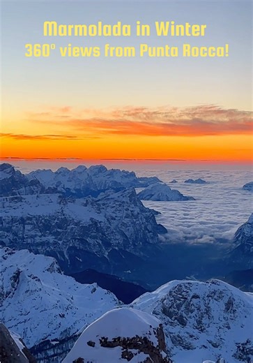 Winter above Marmolada ❄️ 360° views from Punta Rocca — fog-filled valleys, icy blues, golden peaks. #Marmolada #Dolomites #WinterMountains #MountainViews #NatureTok