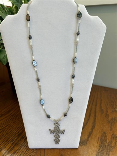 Cross Pendant on a Grey Beaded Chain With Earrings - Etsy