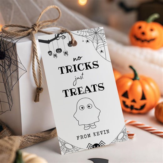 Editable Halloween Gift Tags, No Tricks Just Treats, Printable Halloween Favor Tag, School Halloween, Trick or Treat Label, Instant Download - Etsy