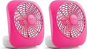 Treva 5 Inch Battery Powered Fan Portable Desk Fan 2 Cooling Speeds with Compact Folding & Tilt Design Cubicle Accessories Small Portable 2 Pack (Raspberry)