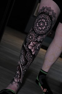 10K views · 203 reactions | Here’s the first and second day result of this geometric leg tattoo! Going to do the other leg next and then back of the legs are going to be connected by a giant mandala! Absolutely epic journey! Thank you for the trust  #geometric #tattoos #legsleeve #tattoosleeve | Wesche Tattoo | Facebook