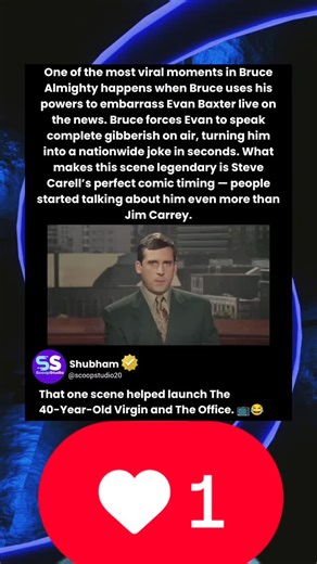 Scoop Studio | Viral Movie Reels on Instagram: "One of the most viral moments in Bruce Almighty happens when Bruce uses his powers to embarrass Evan Baxter live on the news. Bruce forces Evan to speak complete gibberish on air, turning him into a nationwide joke in seconds. What makes this scene legendary is Steve Carell’s perfect comic timing — people started talking about him even more than Jim Carrey."