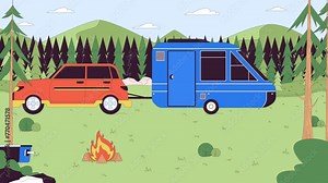 Camping trailer in forest line cartoon animation. Campground travel burning campfire 4K video motion graphic. Campsite vehicles equipment. Camper van 2D linear animated scene on woodland background