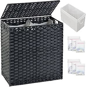 SETVSON Laundry Hamper with Lid Wicker Laundry Basket 112 L (29.6 Gal) Laundry Hampers Handwoven Rattan Clothes Hamper with Handles 3 Removable Liner Bag, 6 Mesh Bags for Bathroom Bedroom Black
