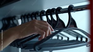 Man taking wardrobe black hanger for clothes. Male wants to hang his clothes in wardrobe. Tracking shot in slow motion.