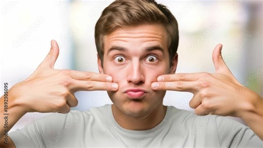 Young man pouting lips and pinching cheeks with fingers, making funny face, close-up