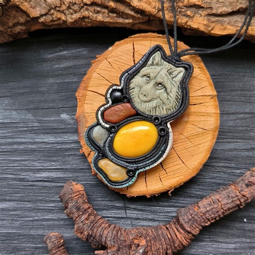 Gray Wolf Pendant With Stone | Wild Spirit Jewelry - Etsy