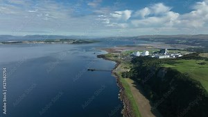 Aerial view of the firth of Clyde near Glasgow on the west coast of Scotland showing the isles of cumbrae and hunterston power station