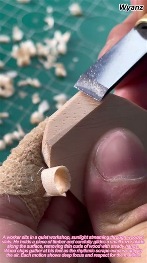 woodworking ASMR: craftsman shaves wood with small razor blade