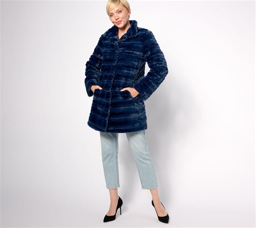 Dennis Basso Faux-Fur Snap-Front Coat with Horizontal Pelting - QVC.com