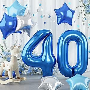 40 Inch Dark Blue Number Balloons 40, Large Royal Light Blue 40 Helium Foil Mylar Balloon, Globos Azules Self Inflating Silver Star 40 Balloon for Men Boy 4th 40th Birthday Party Graduation Decoration