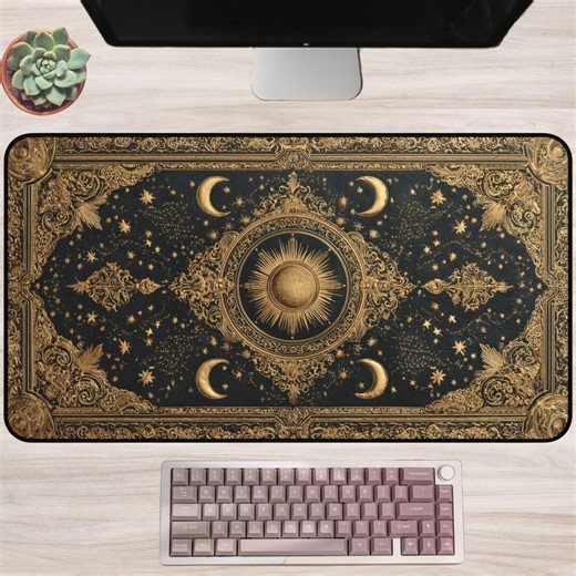 Celestial Grimoire Desk Mat: Ornate Gothic Sun and Moon Design, Mystical Dark Academia Office Decor - Etsy