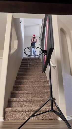 Down the stairs shots using the chain net mini hoop made by @projectminihoop #pat_puente #basketball #ballislife #sports #sport #splash #swish #swoosh #trickshot #hoop #minihoop #projectminihoop #shoot #buckets #chainnet #fyp