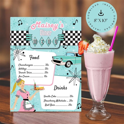 1950s Diner Menu, Fifties Sock Hop Themed Birthday Party Decorations Sign, Editable & Printable - Etsy